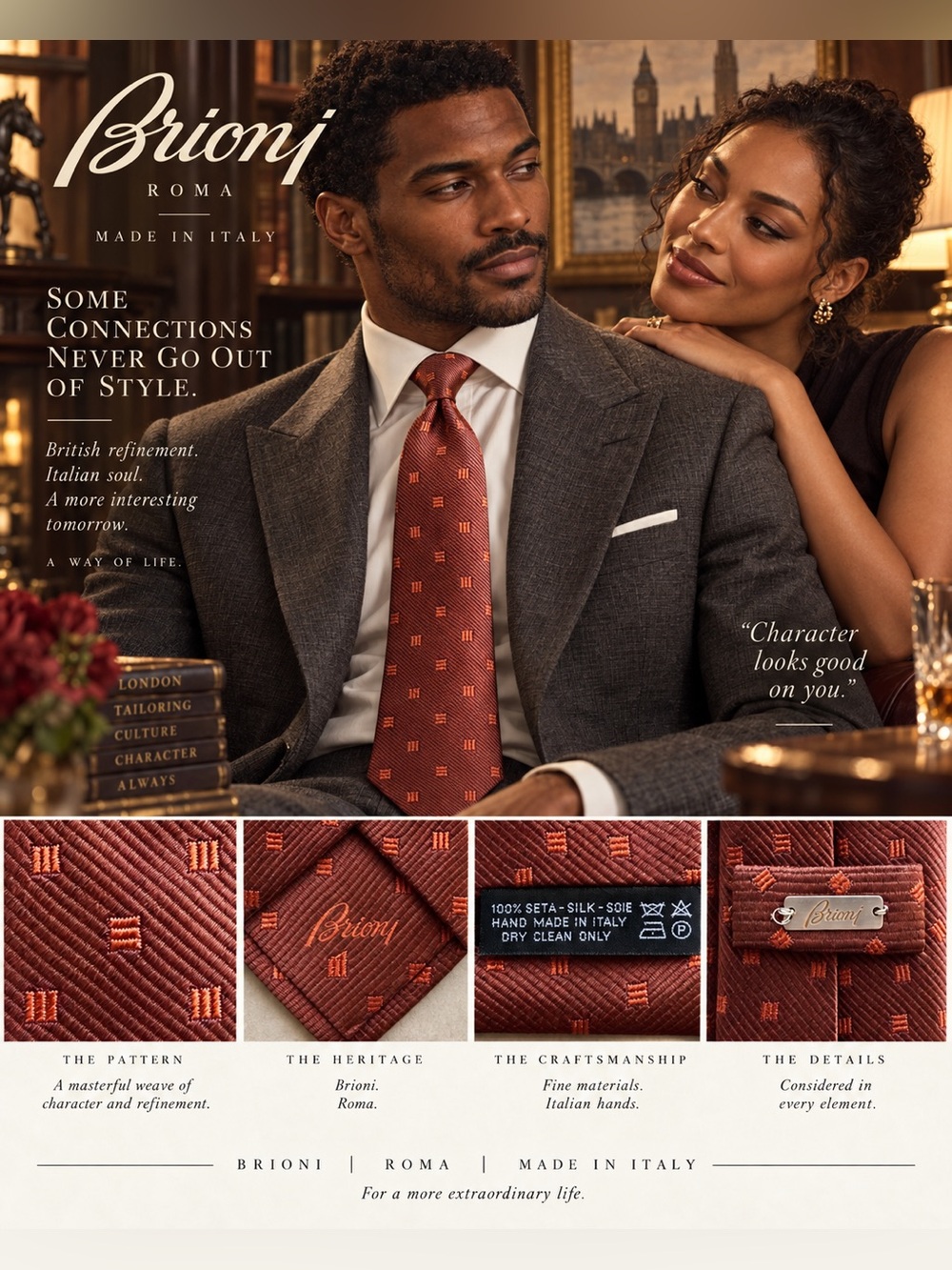 Brioni Rust Red Silk Woven Tie with Subtle Square Motif